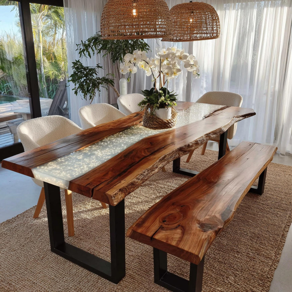 Rustic Walnut Live Edge Dining Table | Custom Epoxy River Furniture