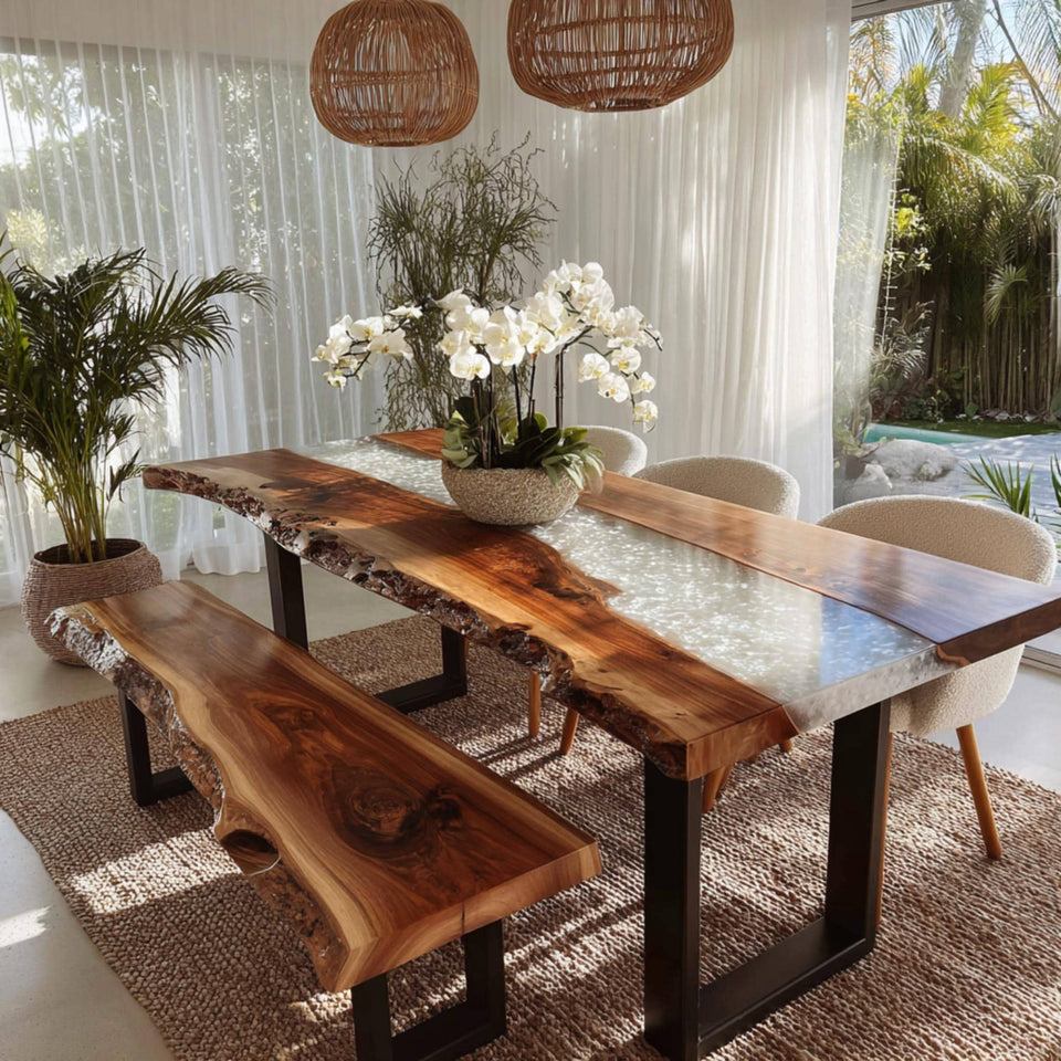Rustic Walnut Live Edge Dining Table | Custom Epoxy River Furniture