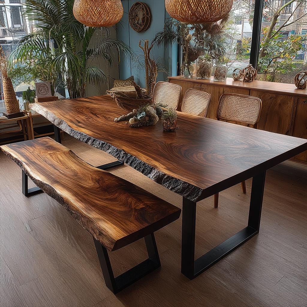 Walnut Live Edge Dining Table | Custom Solid Wood Table | Handmade Modern Kitchen Furniture