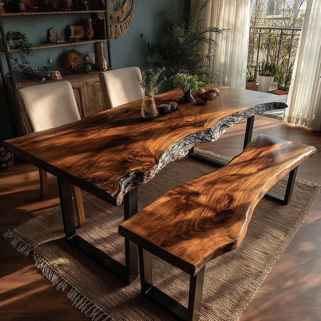 Walnut Live Edge Dining Table | Custom Solid Wood Table | Handmade Modern Kitchen Furniture