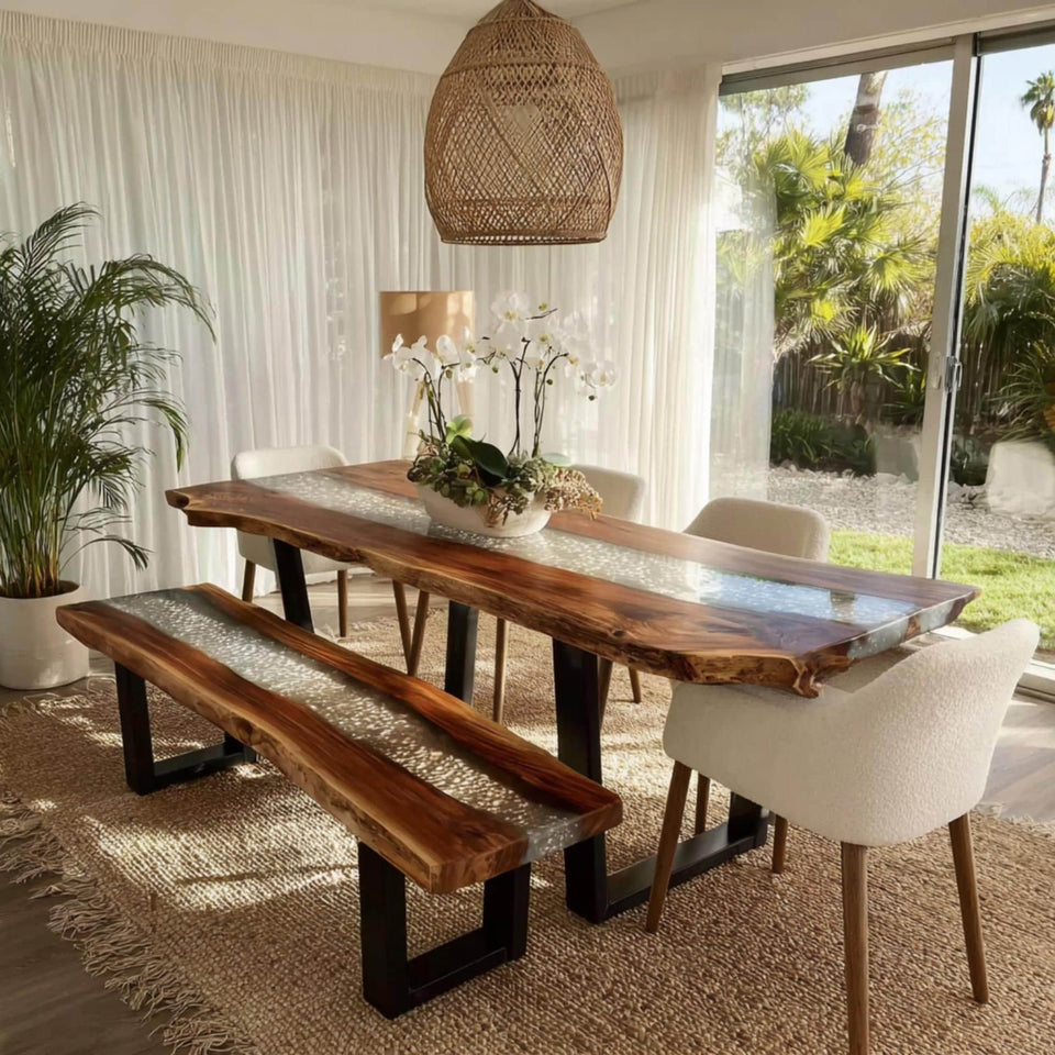 Rustic Walnut Live Edge Dining Table | Custom Epoxy River Furniture