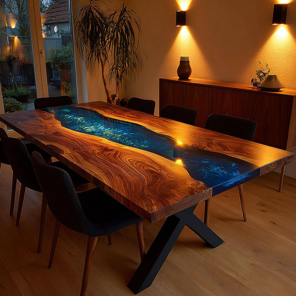Custom Epoxy River Walnut Table | Luxury Live Edge Dining Table