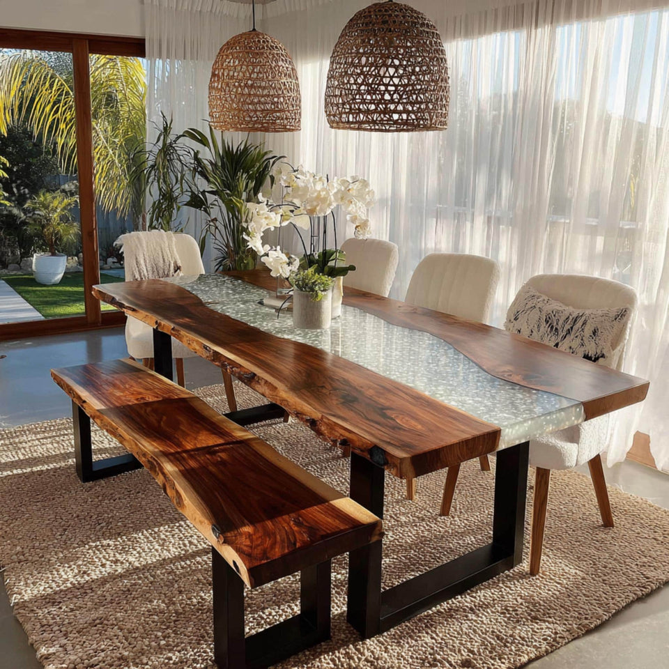 Rustic Walnut Live Edge Dining Table | Custom Epoxy River Furniture