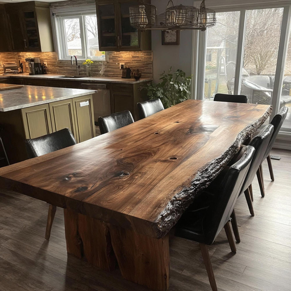 Walnut Live Edge Epoxy River Dining Table | Custom Solid Wood Kitchen Table