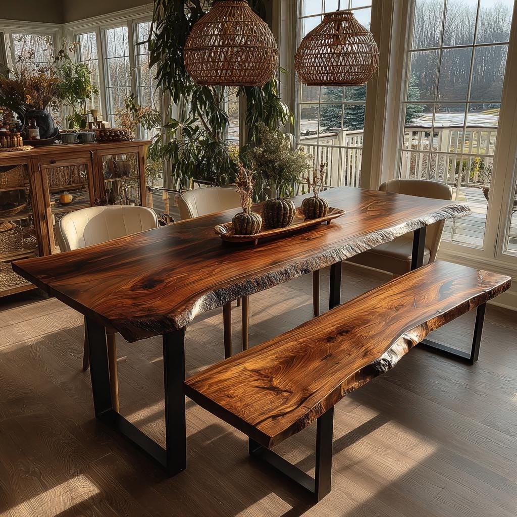 Walnut Live Edge Dining Table | Custom Solid Wood Table | Handmade Modern Kitchen Furniture