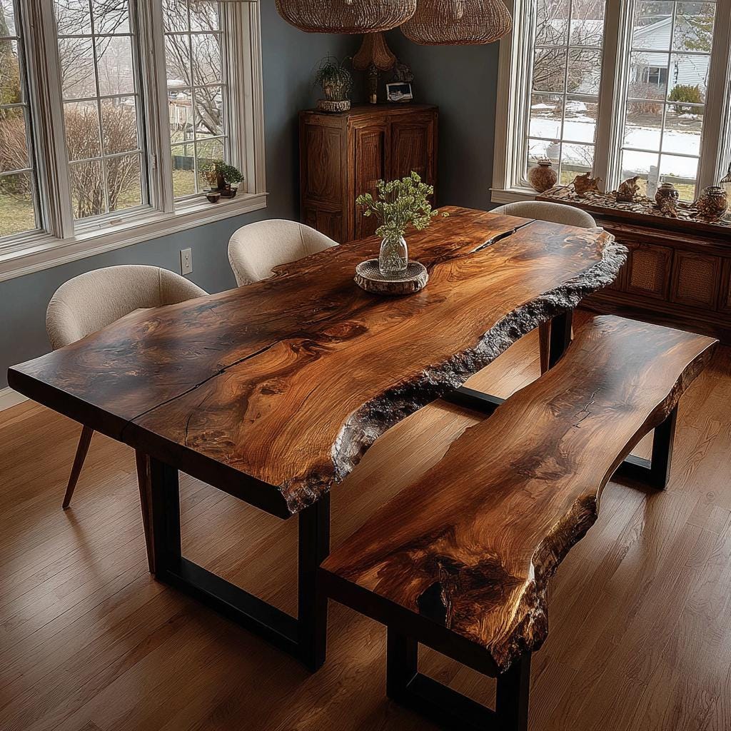 Walnut Live Edge Dining Table | Custom Solid Wood Table | Handmade Modern Kitchen Furniture