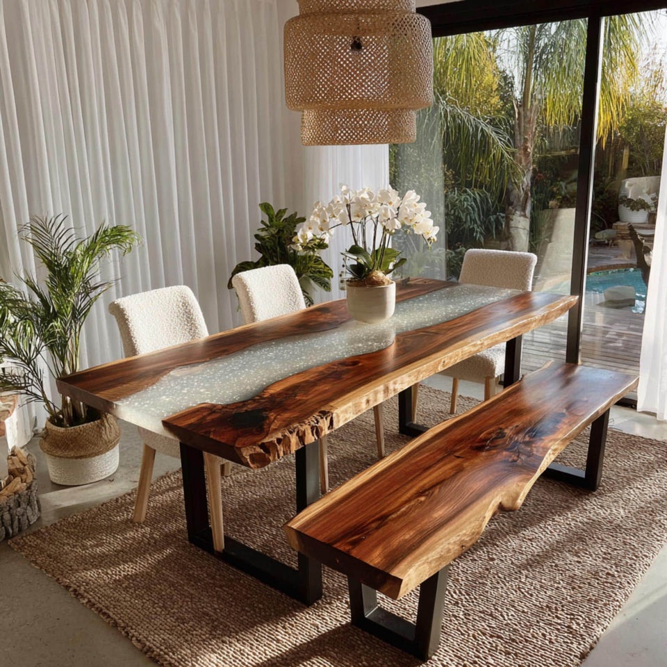 Rustic Walnut Live Edge Dining Table | Custom Epoxy River Furniture