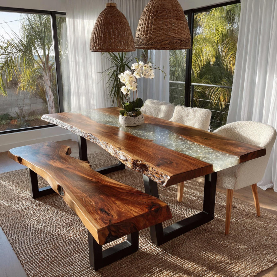 Rustic Walnut Live Edge Dining Table | Custom Epoxy River Furniture