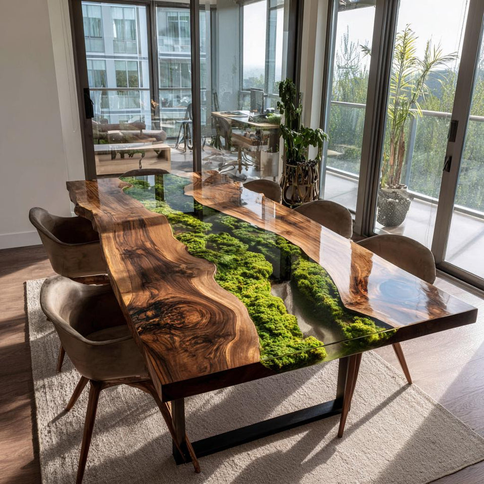 Walnut Live Edge Epoxy River Dining Table | Custom Solid Wood Furniture