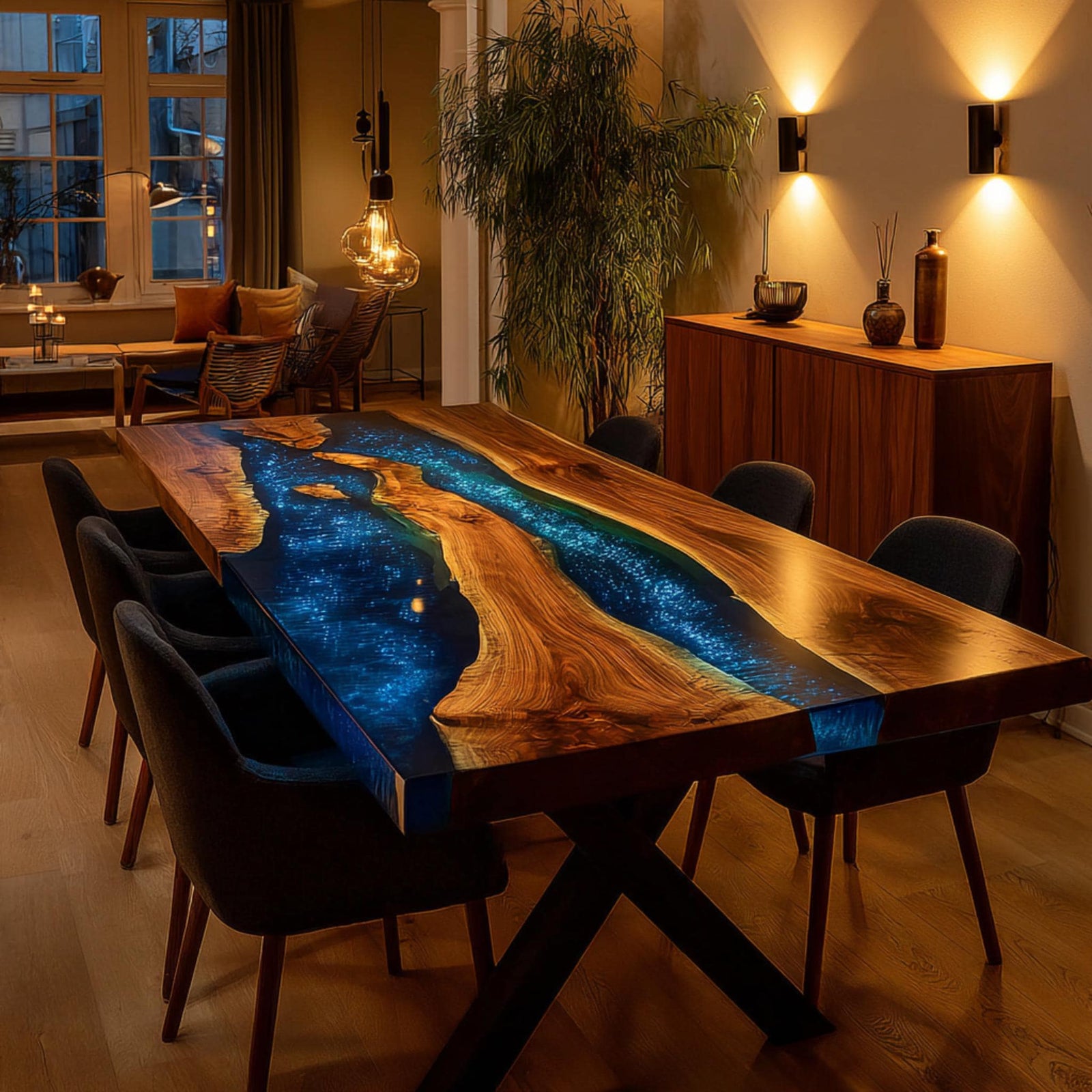 Custom Epoxy River Walnut Table | Luxury Live Edge Dining Table
