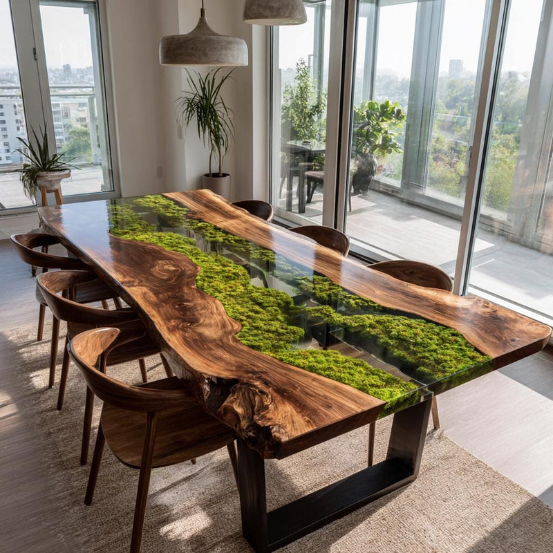 Walnut Live Edge Epoxy River Dining Table | Custom Solid Wood Furniture