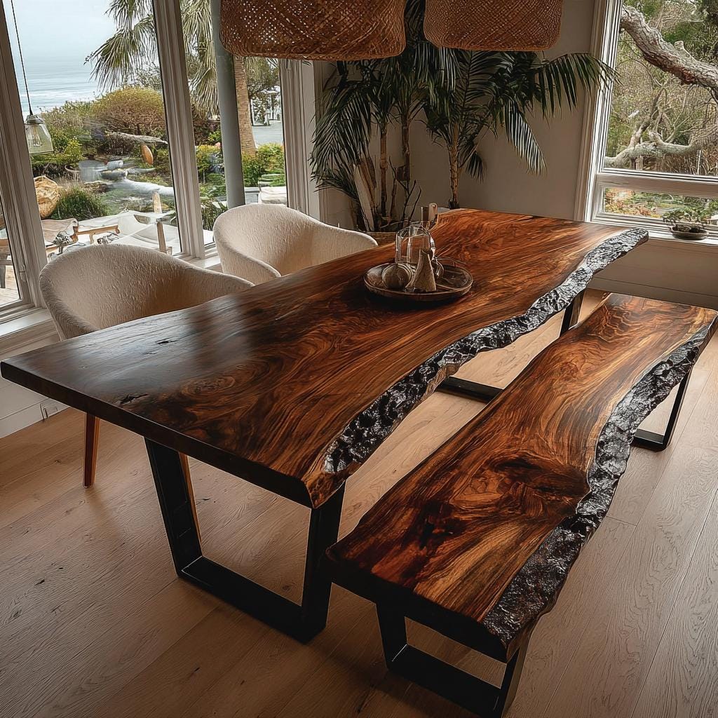 Walnut Live Edge Dining Table | Custom Solid Wood Table | Handmade Modern Kitchen Furniture
