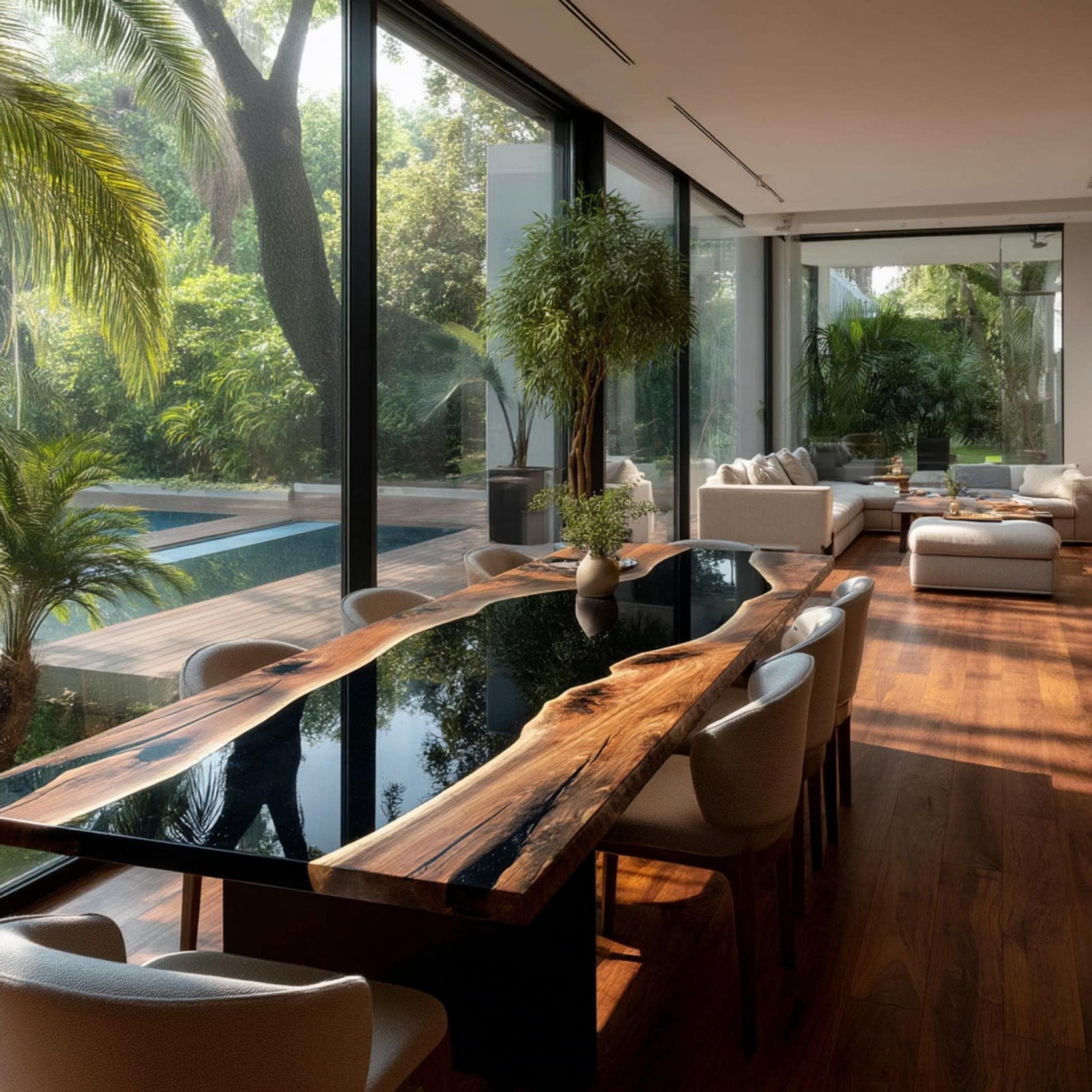 Custom Walnut Epoxy River Table | Live Edge Solid Wood Dining Table