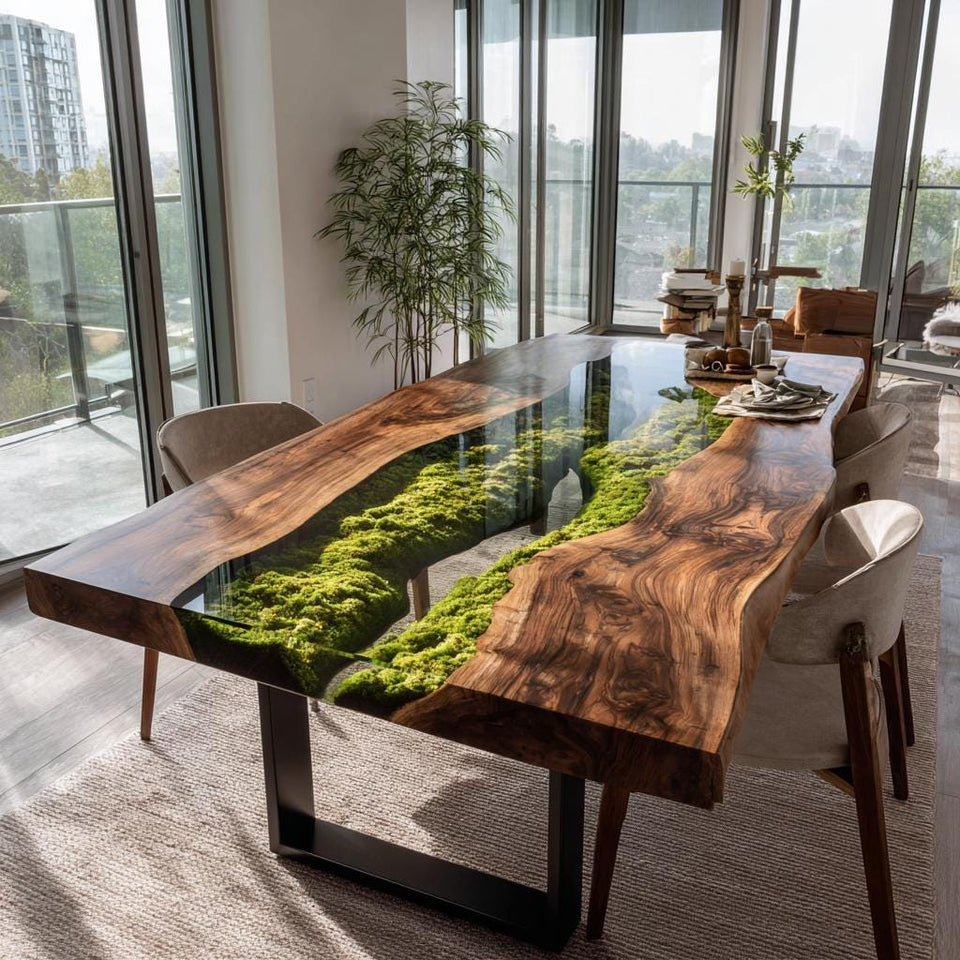 Walnut Live Edge Epoxy River Dining Table | Custom Solid Wood Furniture