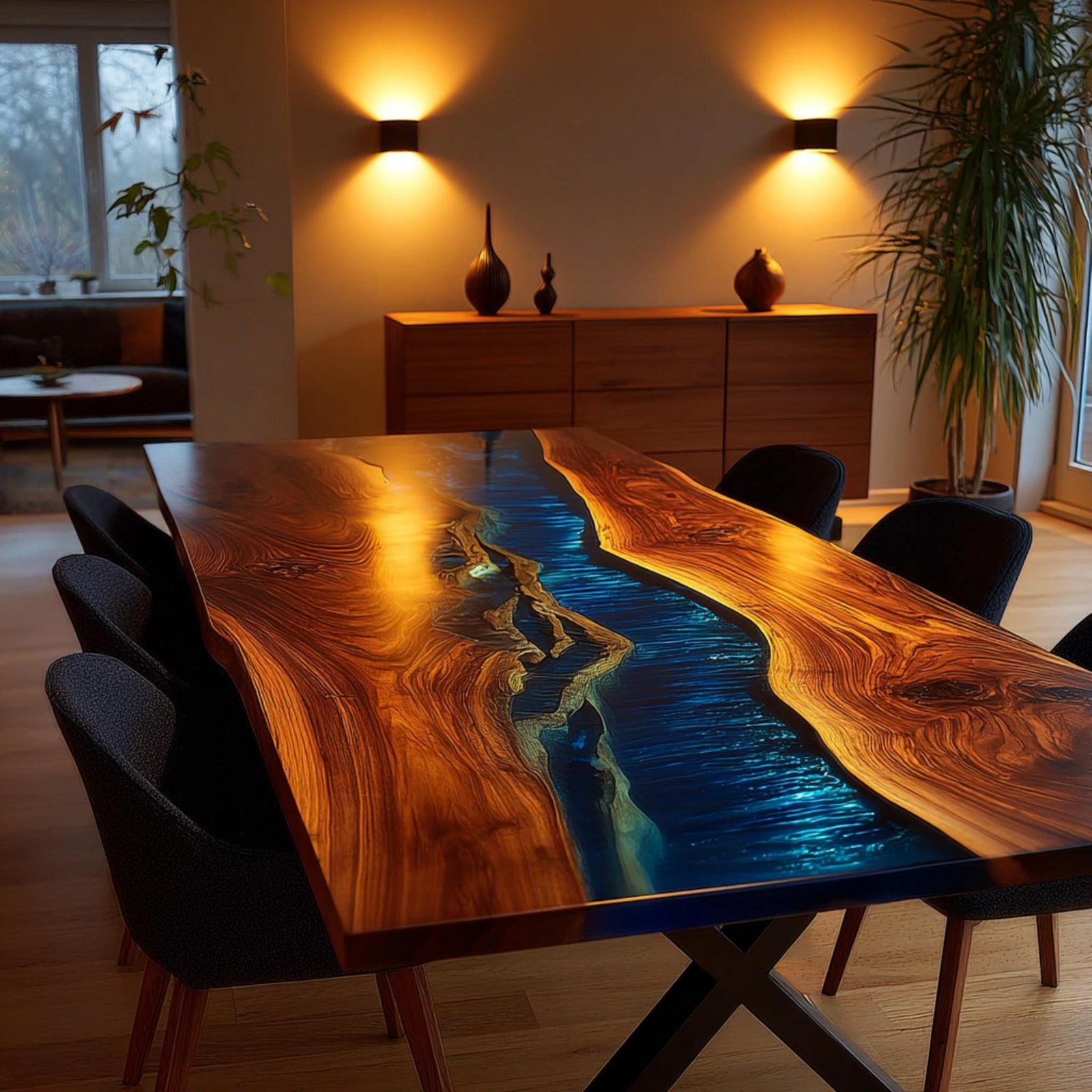 Custom Epoxy River Walnut Table | Luxury Live Edge Dining Table