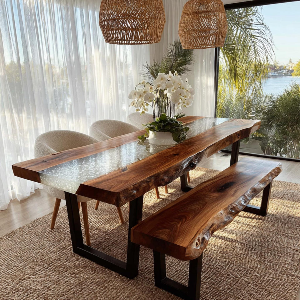 Rustic Walnut Live Edge Dining Table | Custom Epoxy River Furniture