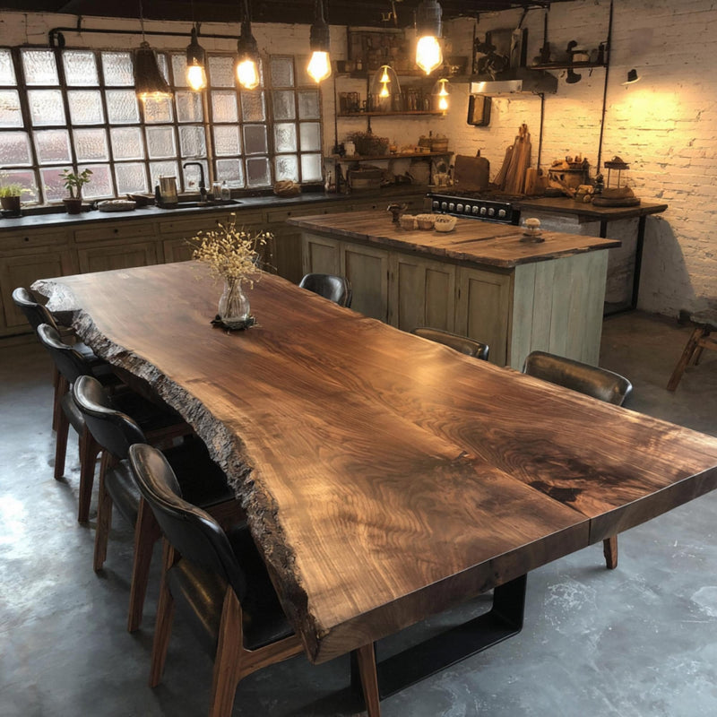 Walnut Live Edge Epoxy River Dining Table | Custom Solid Wood Kitchen Table