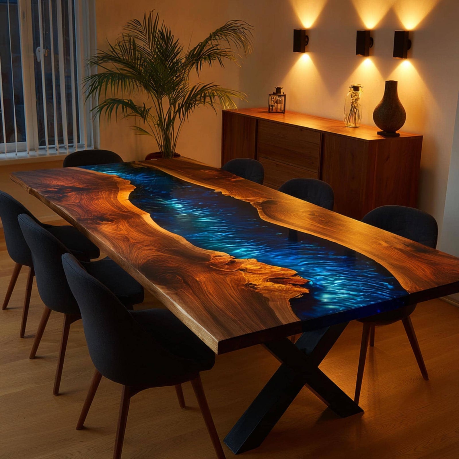 Custom Epoxy River Walnut Table | Luxury Live Edge Dining Table