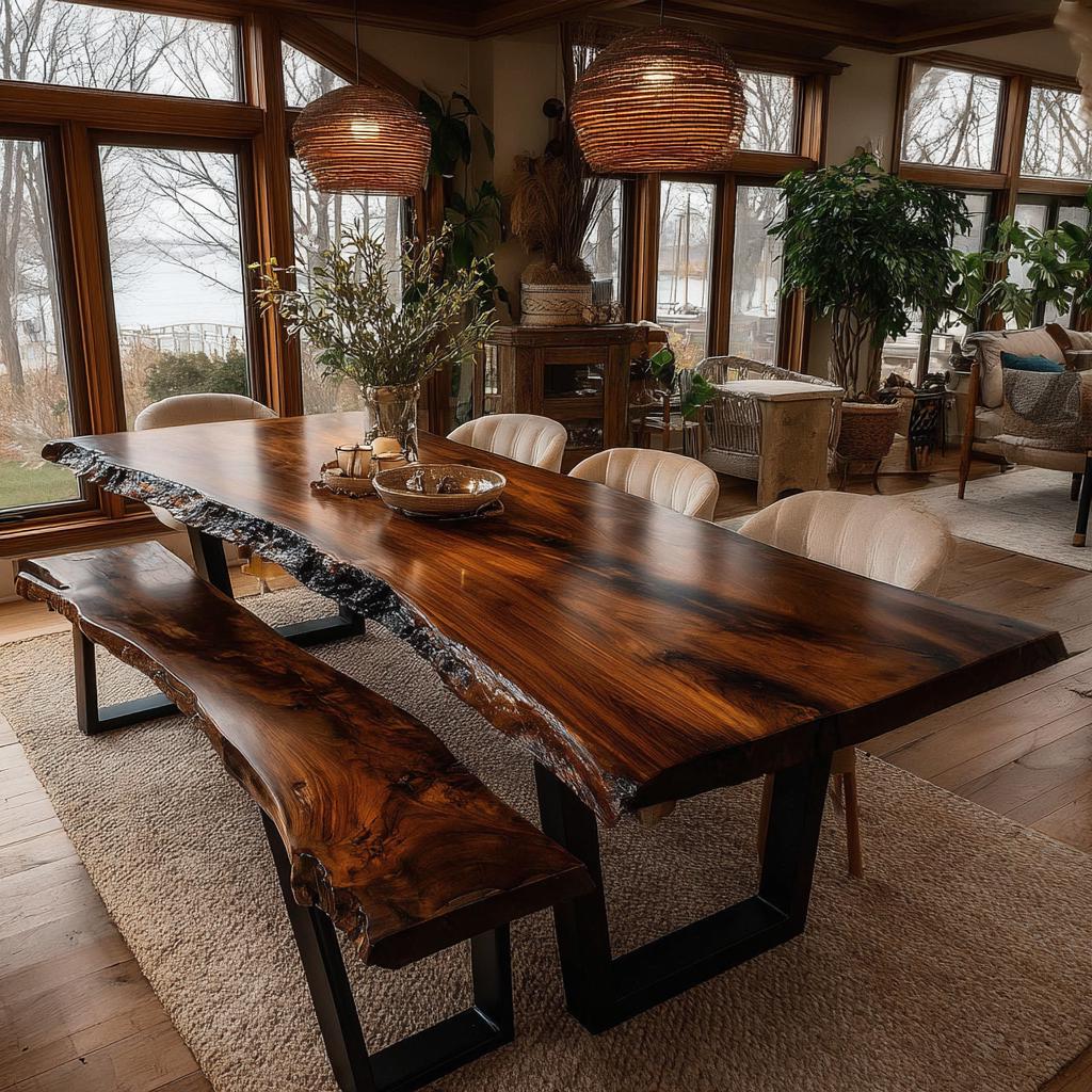 Walnut Live Edge Dining Table | Custom Solid Wood Table | Handmade Modern Kitchen Furniture