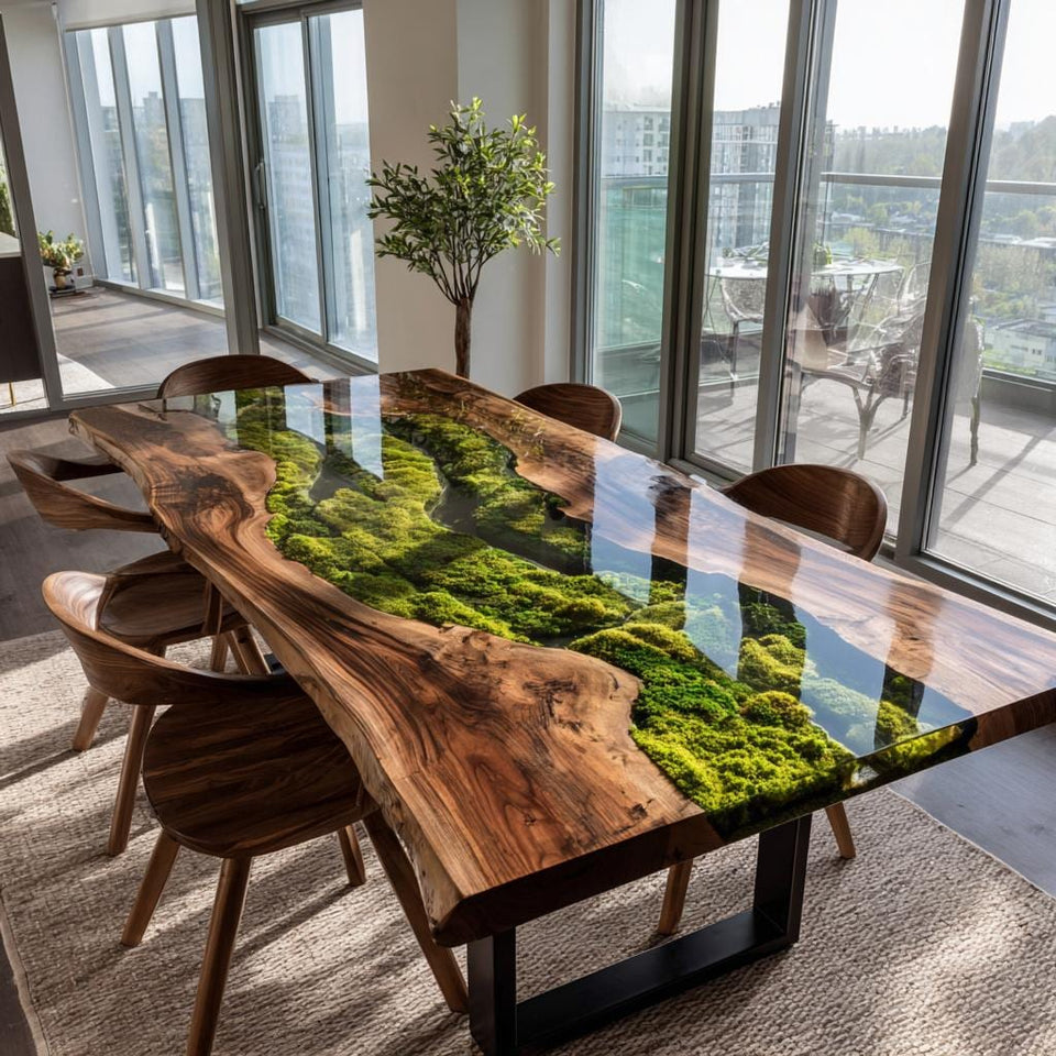 Walnut Live Edge Epoxy River Dining Table | Custom Solid Wood Furniture