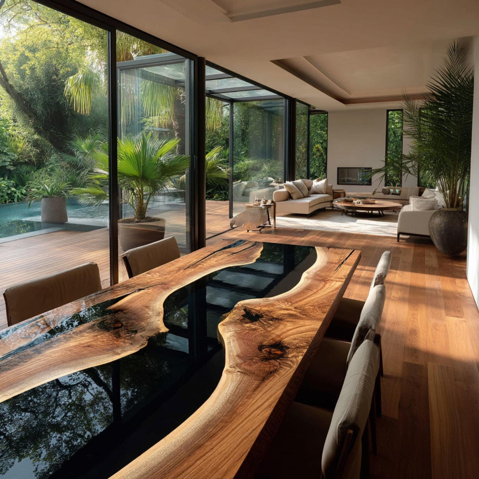 Custom Walnut Epoxy River Table | Live Edge Solid Wood Dining Table