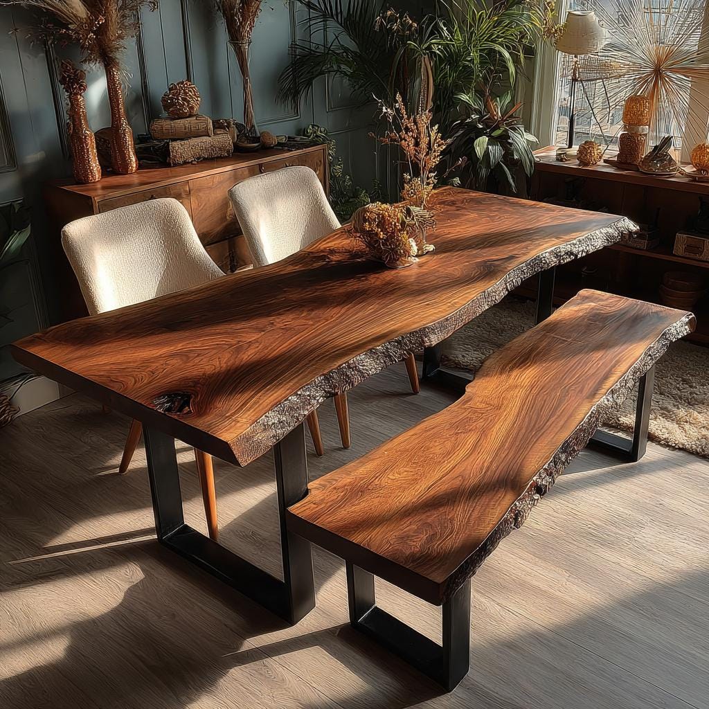 Walnut Live Edge Dining Table | Custom Solid Wood Table | Handmade Modern Kitchen Furniture