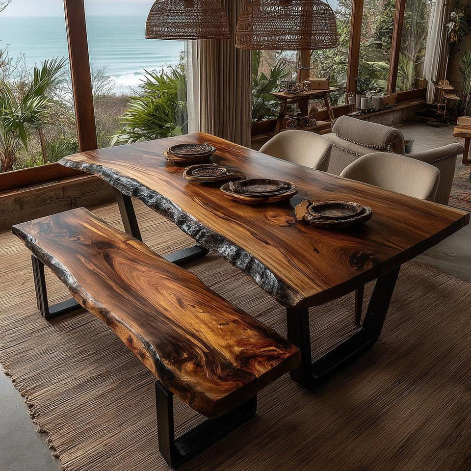 Walnut Live Edge Dining Table | Custom Solid Wood Table | Handmade Modern Kitchen Furniture