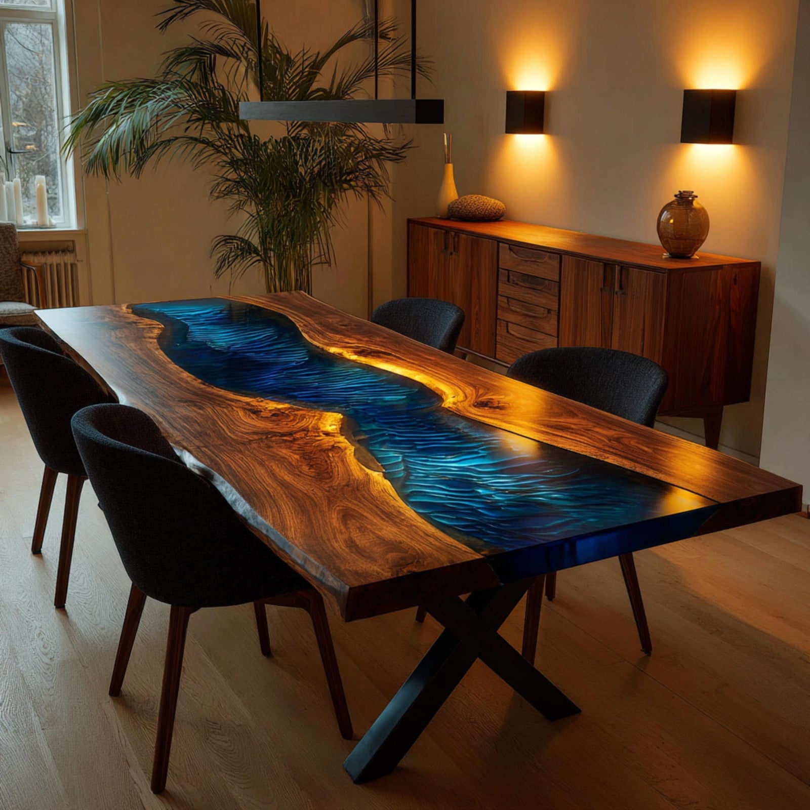Custom Epoxy River Walnut Table | Luxury Live Edge Dining Table