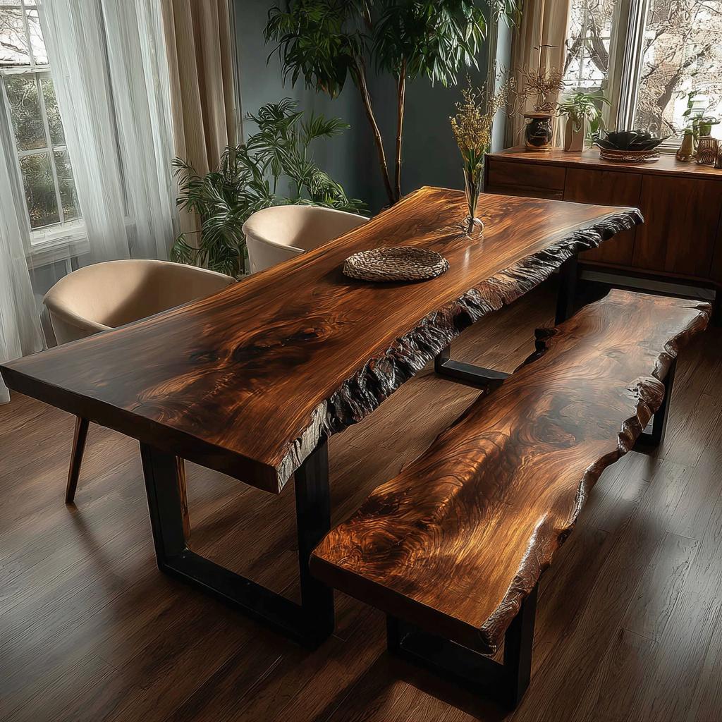 Walnut Live Edge Dining Table | Custom Solid Wood Table | Handmade Modern Kitchen Furniture