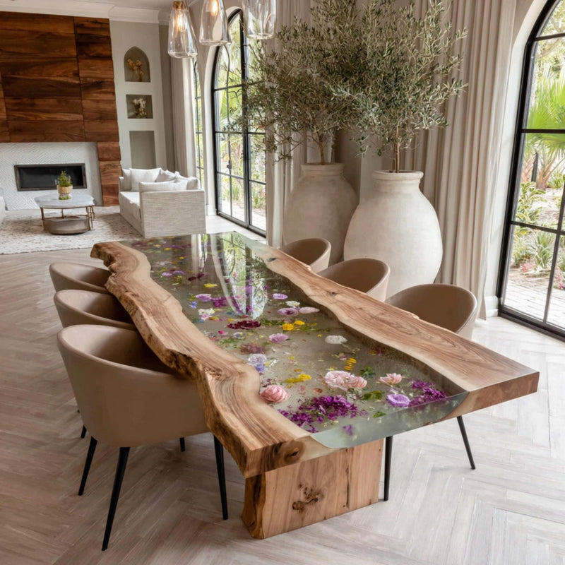 Natural Walnut Live Edge Table | Custom Epoxy River Dining Furniture