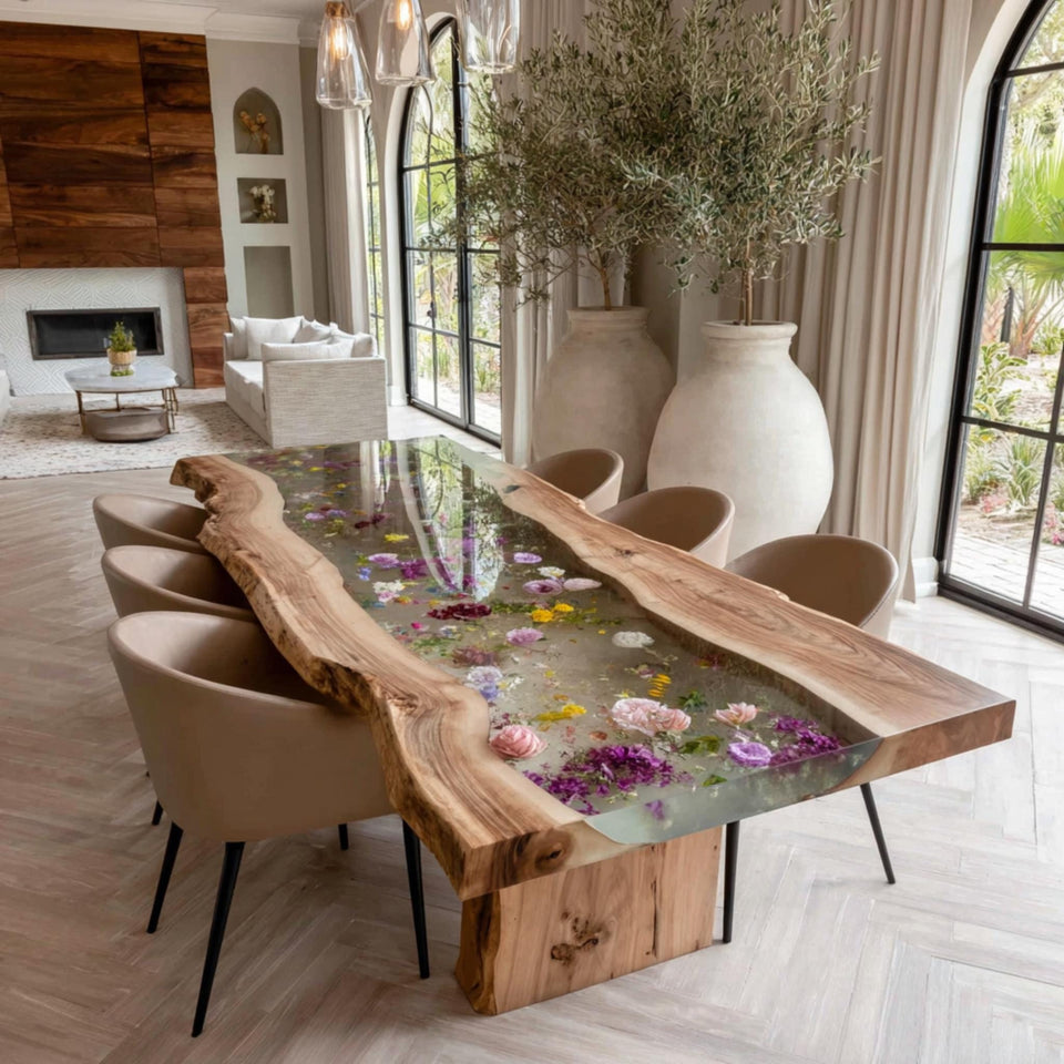 Natural Walnut Live Edge Table | Custom Epoxy River Dining Furniture