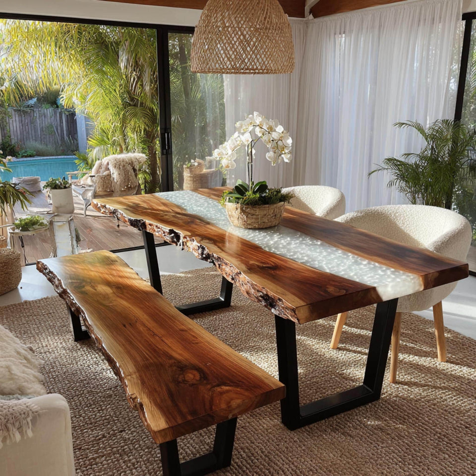 Rustic Walnut Live Edge Dining Table | Custom Epoxy River Furniture