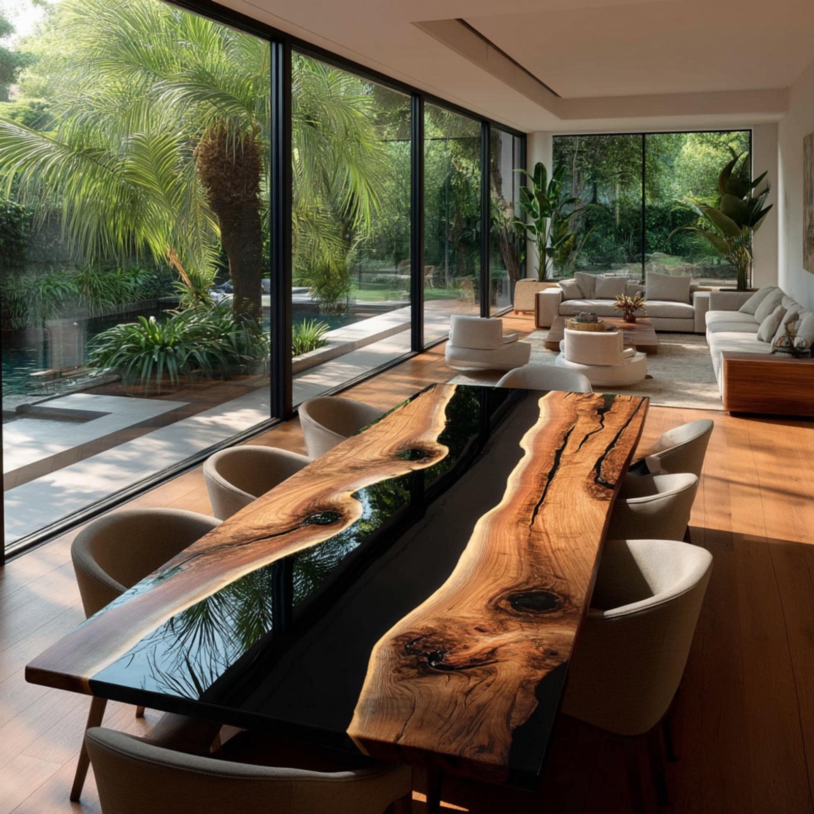 Custom Walnut Epoxy River Table | Live Edge Solid Wood Dining Table