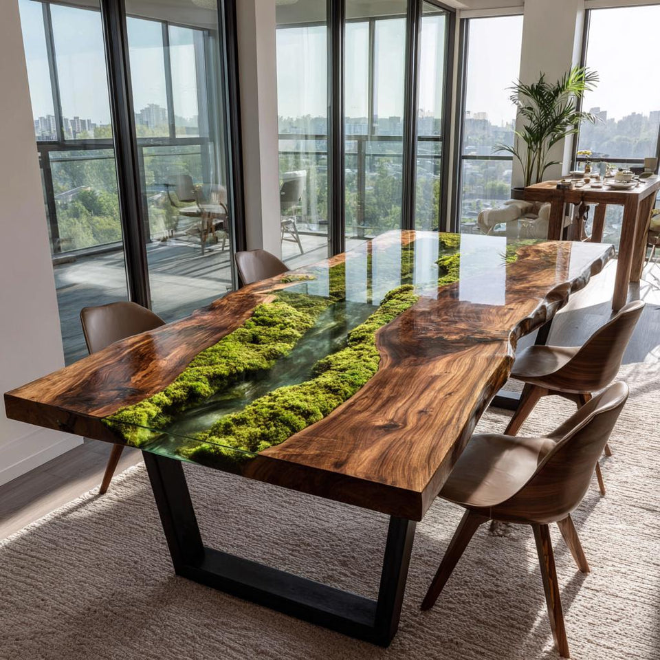 Walnut Live Edge Epoxy River Dining Table | Custom Solid Wood Furniture
